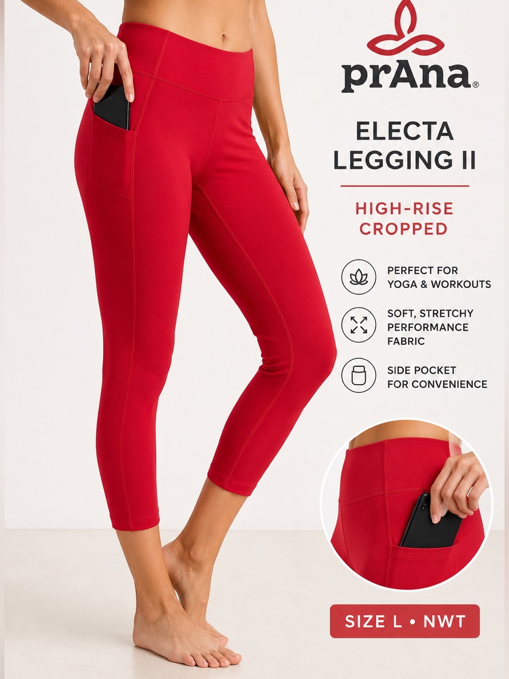 prAna Electa Legging II Red High Rise Crop Yoga Pants Size L NWT